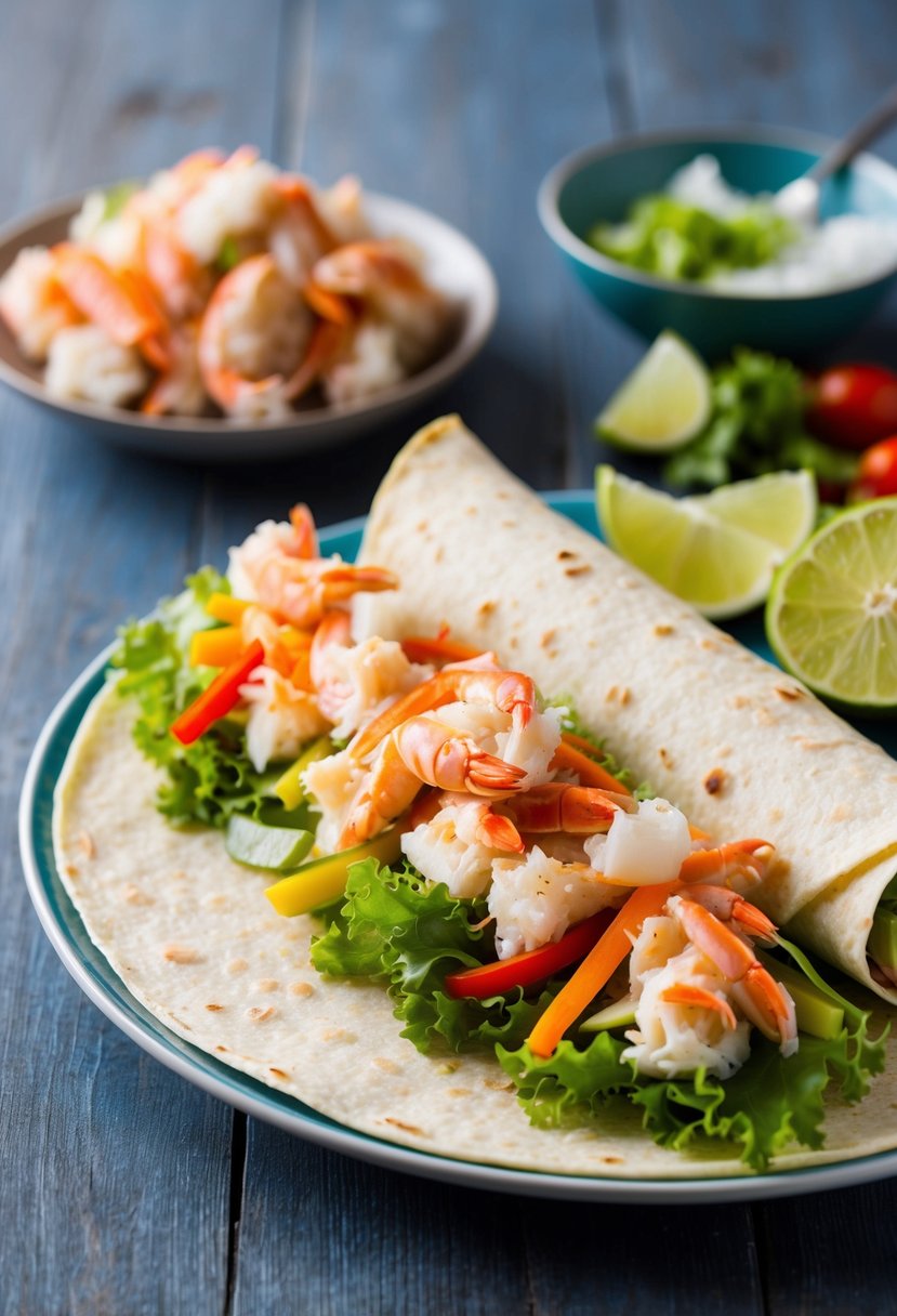 A colorful spread of fresh crab, lettuce, and vegetables arranged on a tortilla wrap, ready to be rolled and served