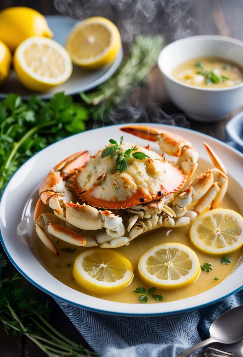 A steaming dish of Crab Thermidor surrounded by fresh herbs and lemon slices