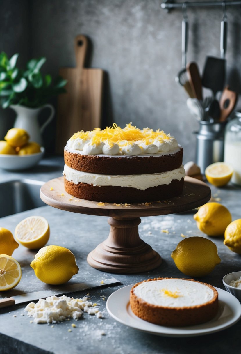 A rustic kitchen counter with fresh lemons, ricotta cheese, and baking ingredients scattered around. A finished Lemon Ricotta Layer Cake sits on a wooden cake stand