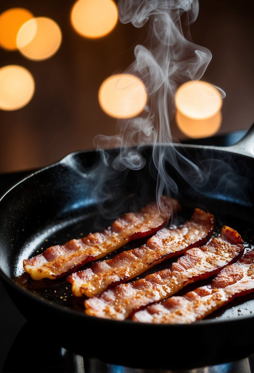 Sizzling bacon strips in a skillet with steam rising