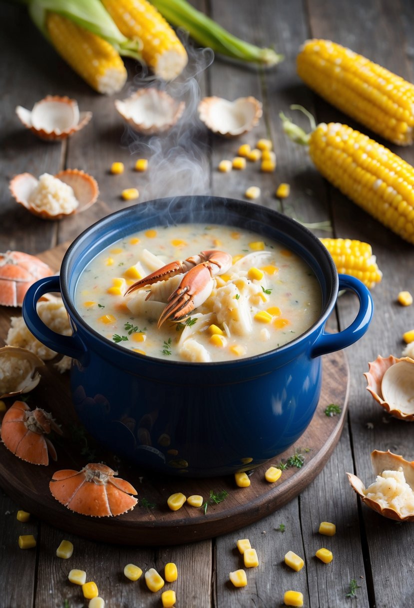 A pot of steaming crab and corn chowder sits on a rustic wooden table, surrounded by scattered crab shells and ears of corn