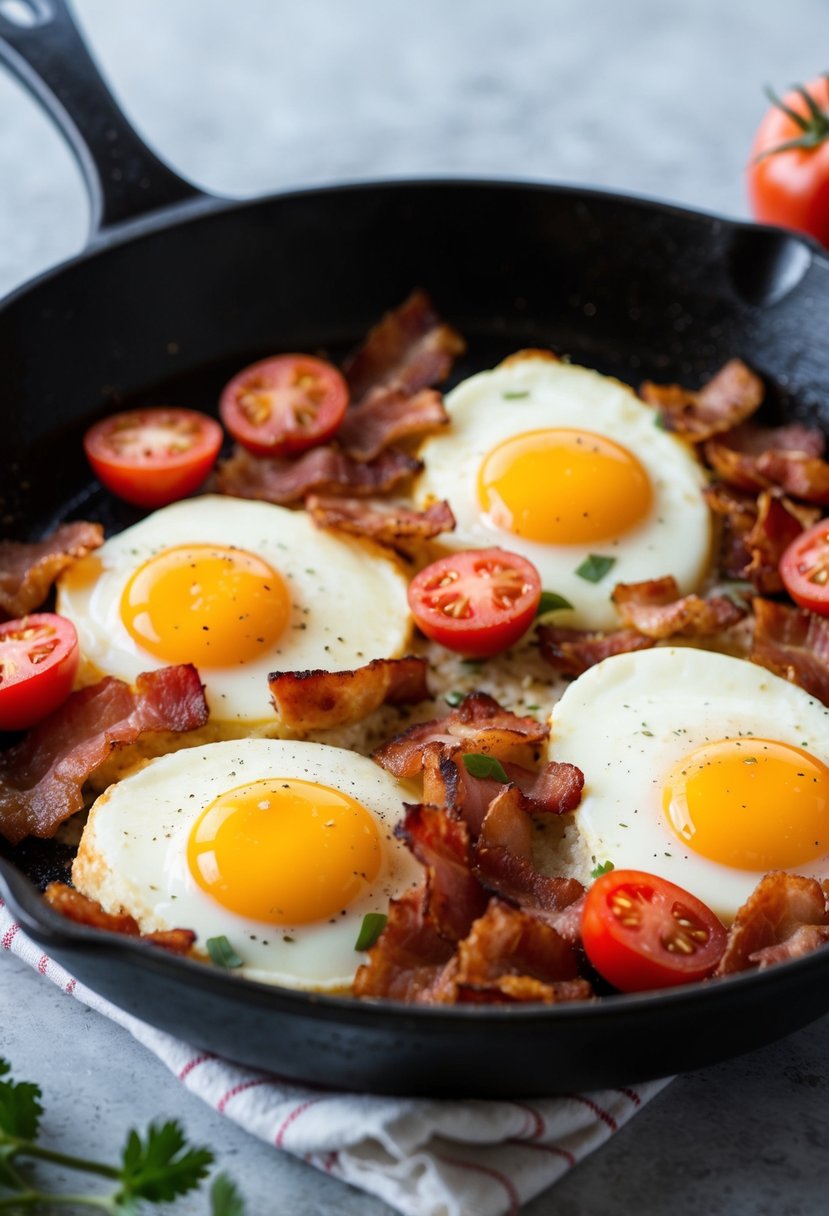 A sizzling skillet with bacon, eggs, and tomatoes, ready to be baked into a delicious BLT egg bake