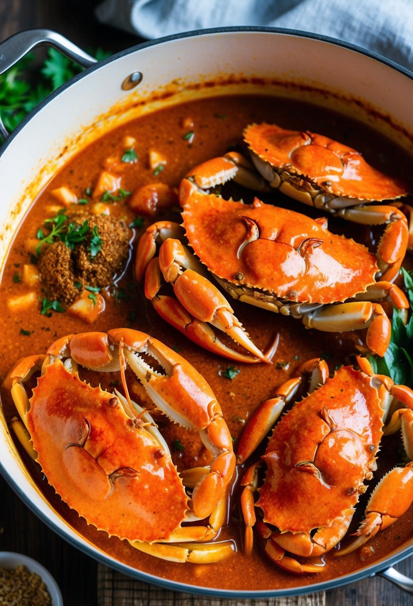 A bubbling pot of fiery crab curry, with whole crabs simmering in a rich, red sauce alongside vibrant spices and herbs