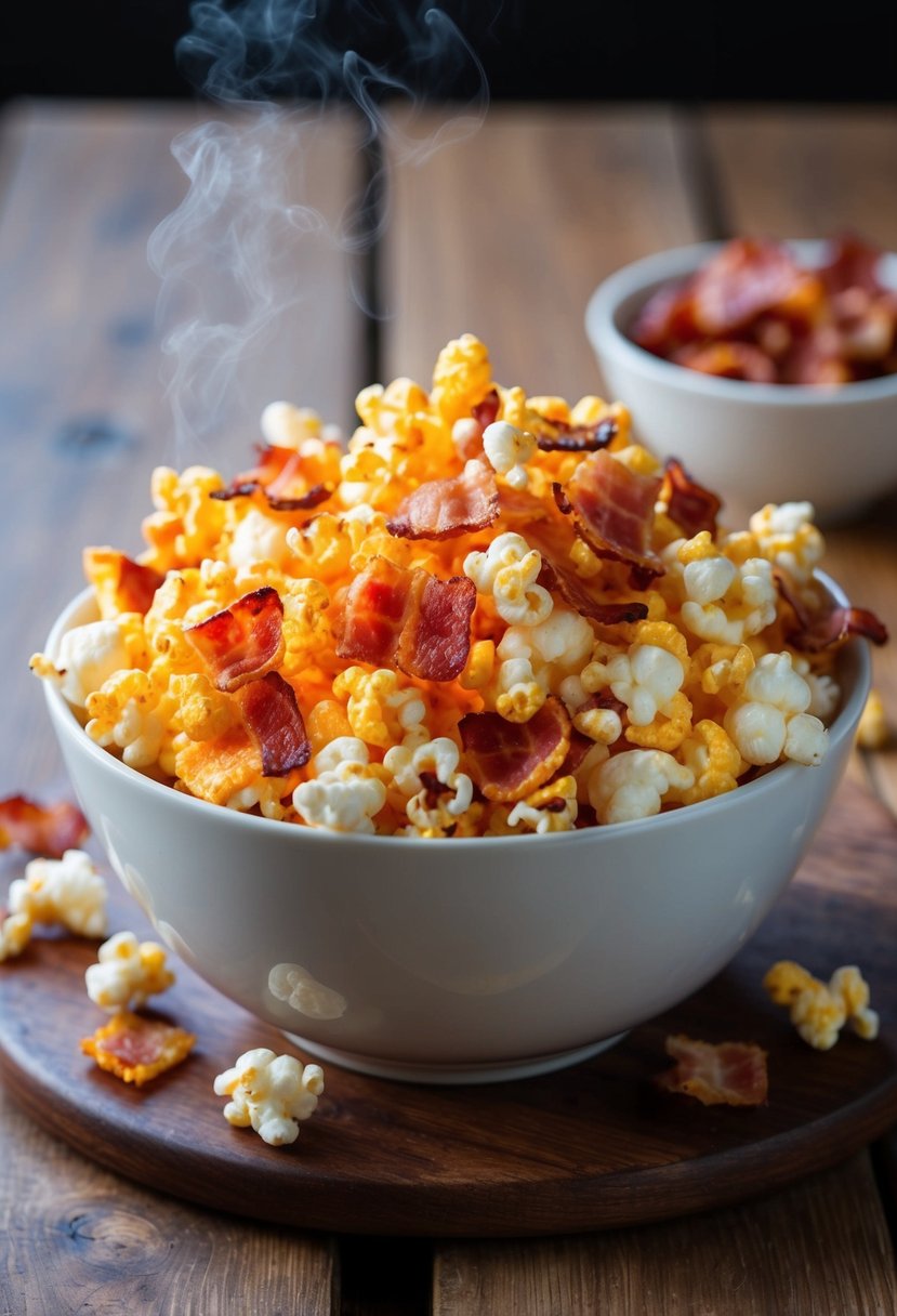 A bowl of freshly popped bacon-cheddar popcorn sits on a wooden table, with the aroma of sizzling bacon wafting through the air