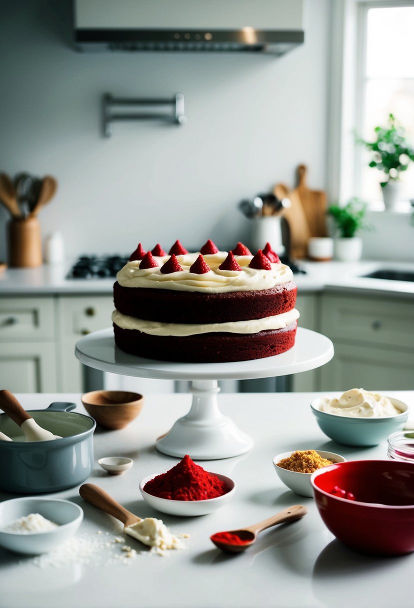 A pristine kitchen counter displays a freshly baked red velvet cake with cream cheese frosting, surrounded by scattered ingredients and utensils