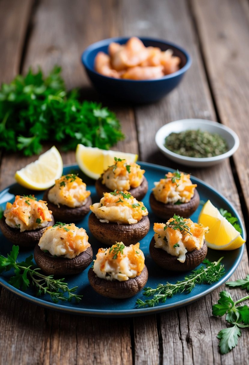 A platter of crab-stuffed mushrooms surrounded by fresh herbs and lemon slices on a rustic wooden table