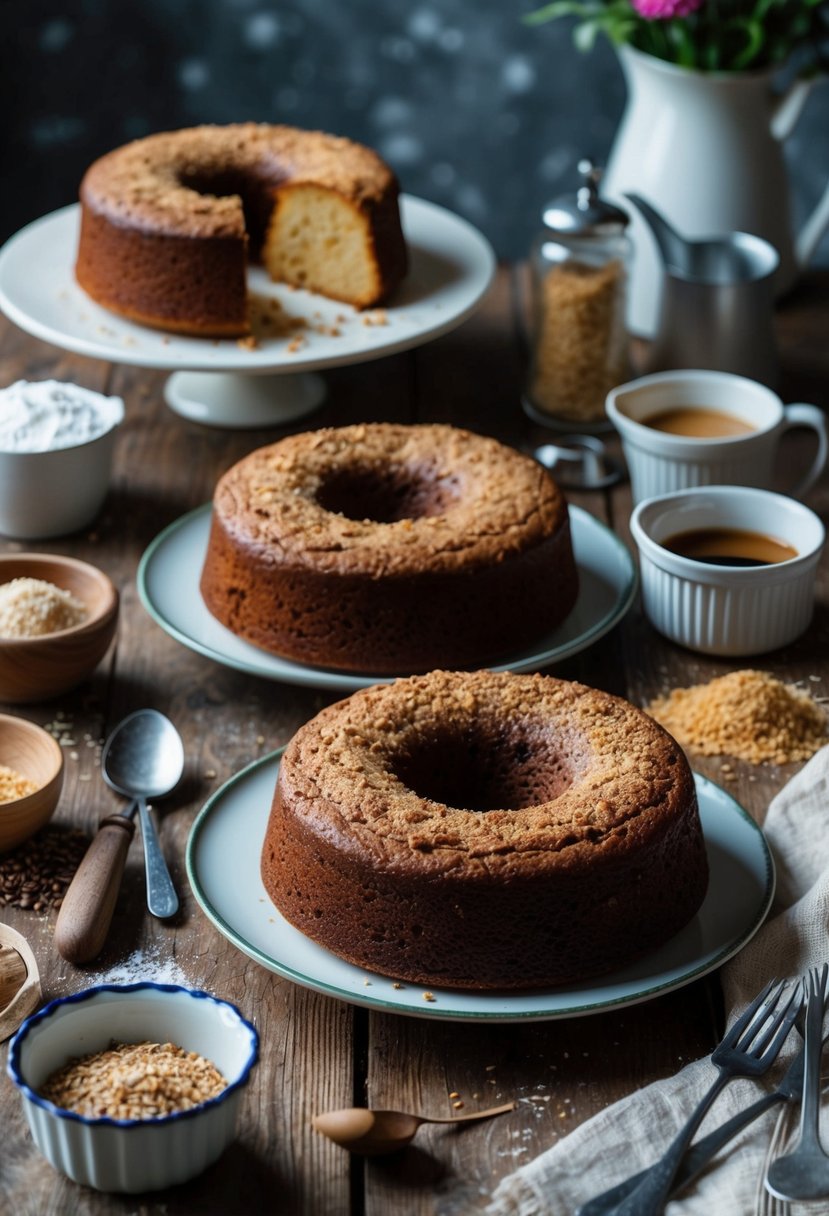 A vintage kitchen table with a freshly baked rich coffee cake, surrounded by ingredients and utensils for scratch baking