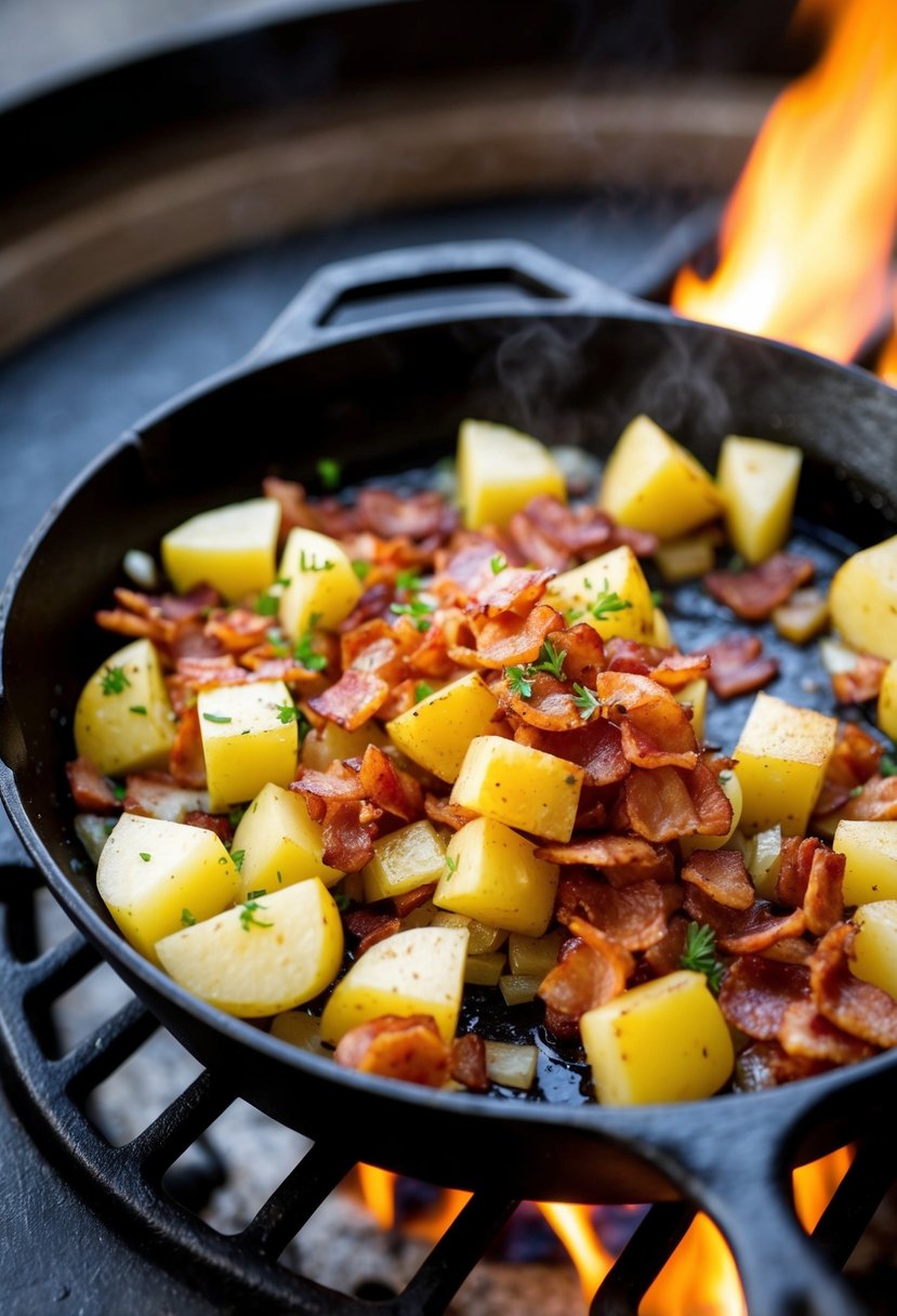 A cast iron skillet sizzling with diced bacon, onions, and potatoes over an open flame