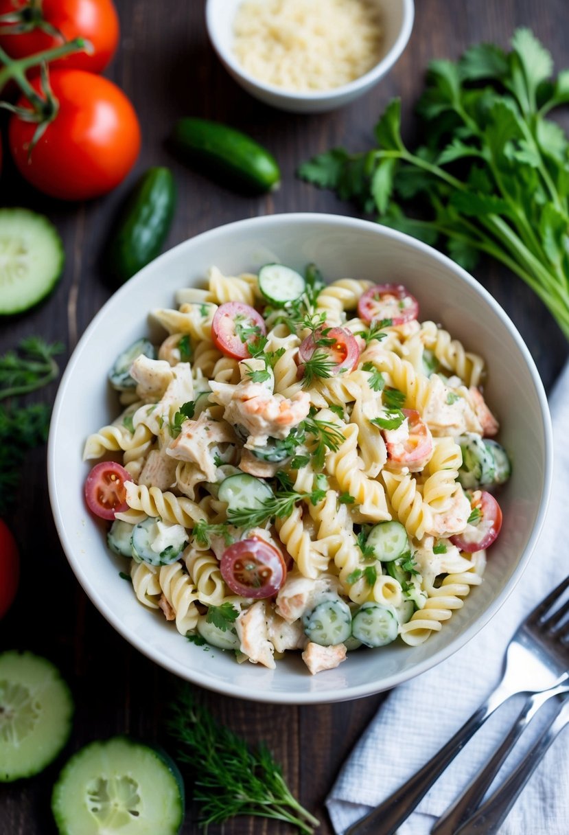 A bowl of creamy crab and pasta salad surrounded by fresh ingredients like tomatoes, cucumbers, and herbs