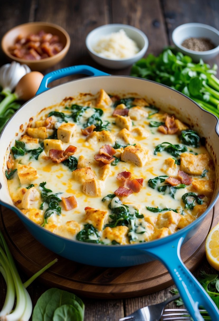 A sizzling skillet of bacon, spinach, and chicken alfredo bubbling in a casserole dish, surrounded by fresh ingredients and cooking utensils