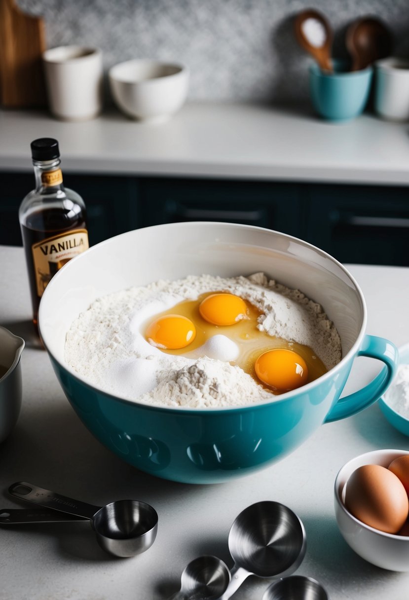 A mixing bowl filled with flour, sugar, and eggs, surrounded by measuring cups and spoons, with a bottle of vanilla extract on the counter