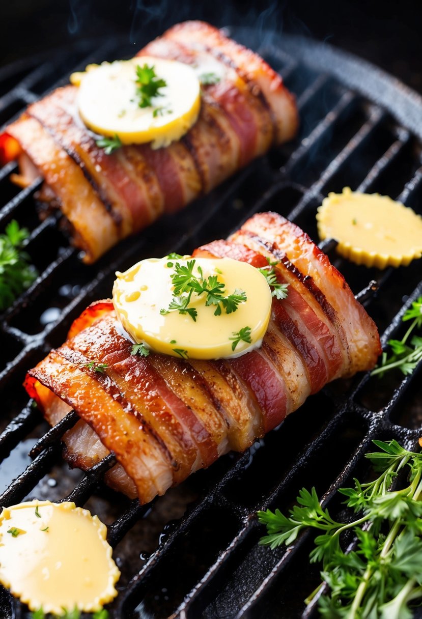 Two bacon-wrapped filets sizzling on a grill, topped with melting cowboy butter and surrounded by fresh herbs and spices