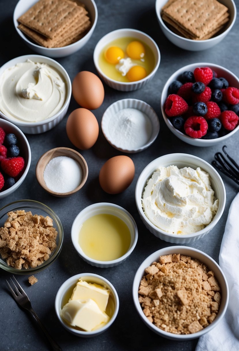 A lavish spread of ingredients: cream cheese, eggs, sugar, and vanilla, surrounded by bowls of crushed graham crackers, melted butter, and fresh berries