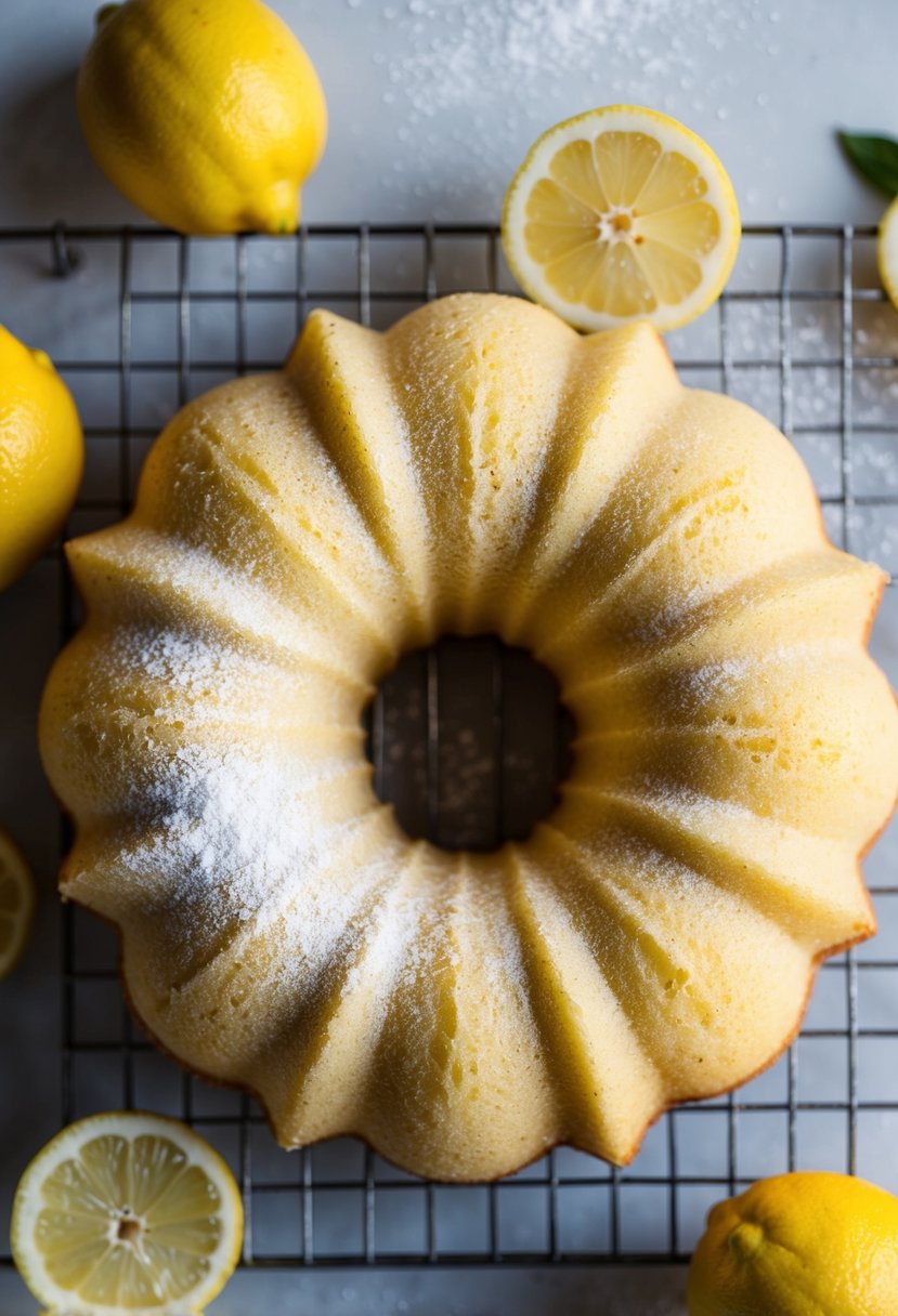 A zesty lemon bundt cake cooling on a wire rack, surrounded by fresh lemons and a dusting of powdered sugar