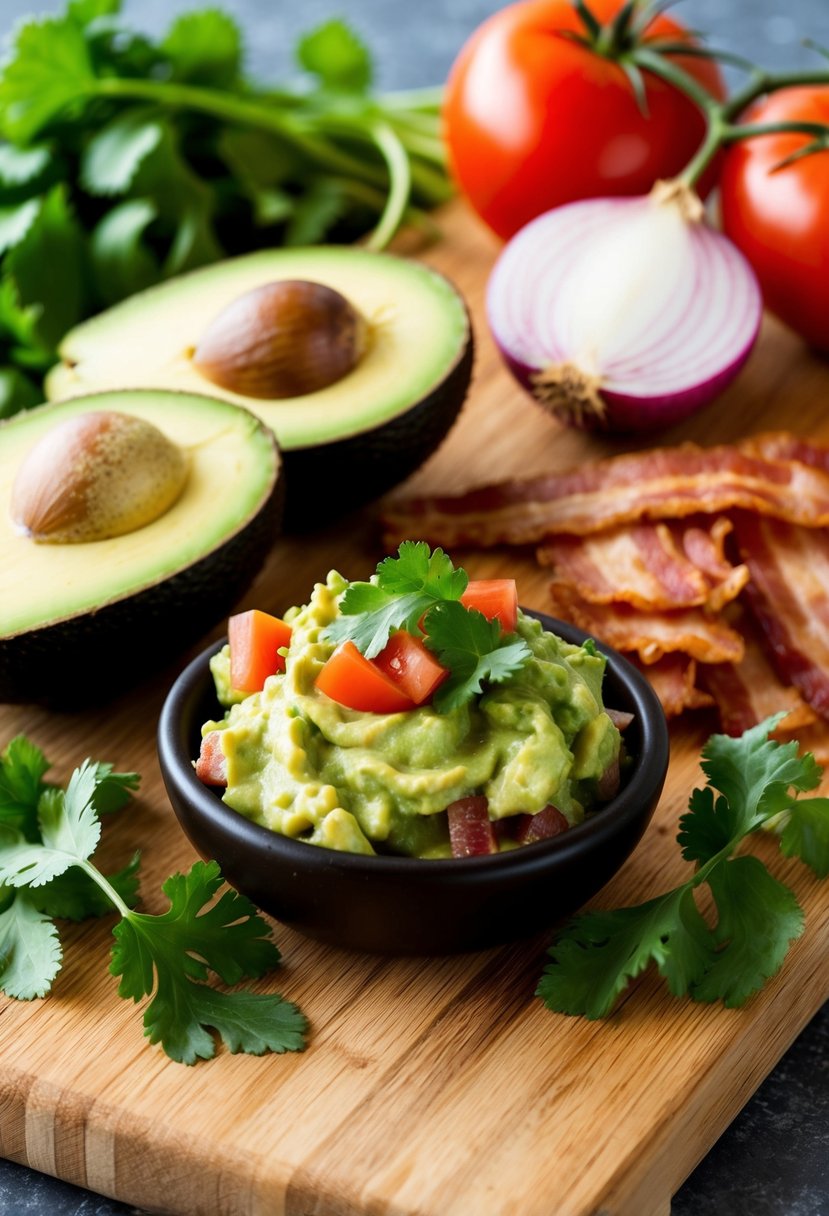 A wooden cutting board with ingredients for bacon guacamole: avocados, bacon, tomatoes, onions, and cilantro