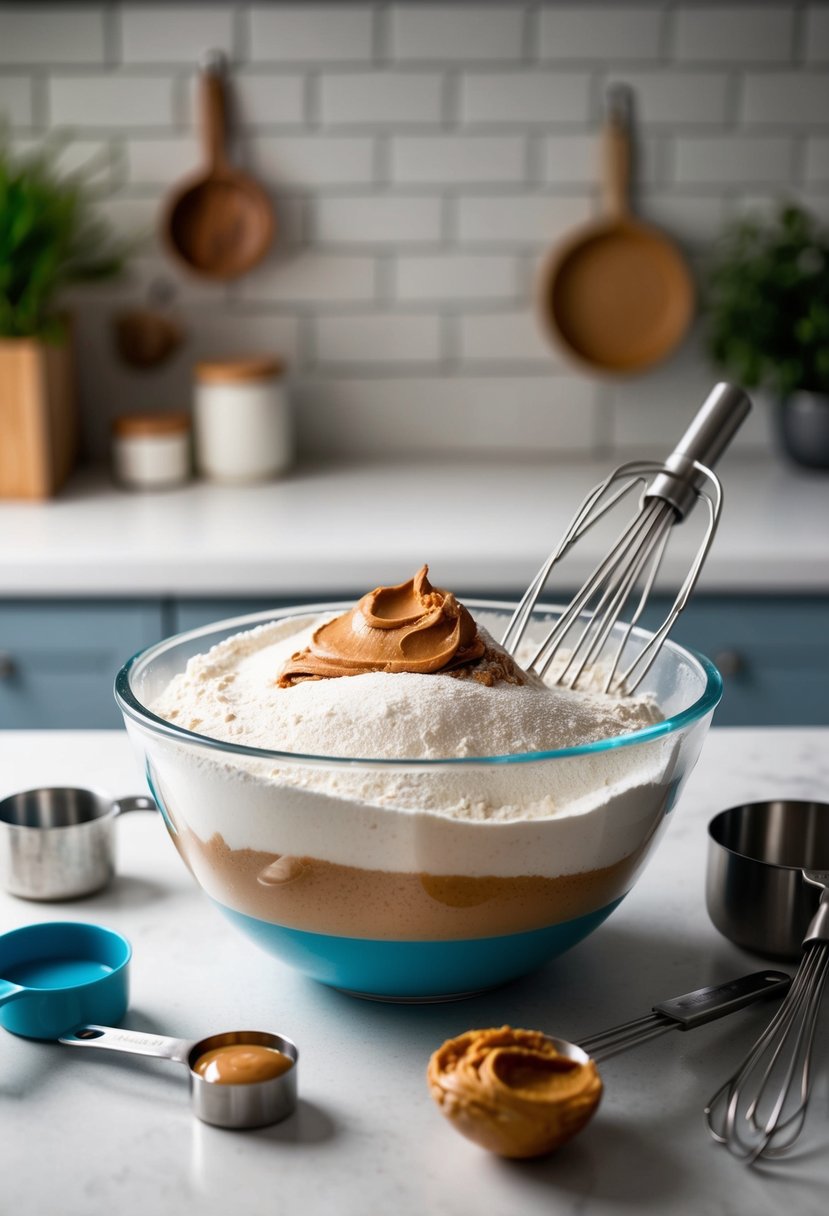 A mixing bowl filled with flour, sugar, and peanut butter, surrounded by measuring cups and a whisk on a kitchen counter