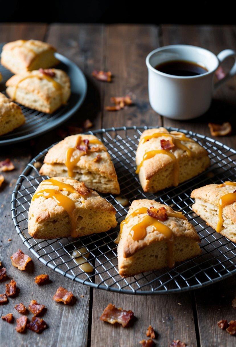 A rustic kitchen table with fresh maple-bacon scones cooling on a wire rack, surrounded by scattered bacon bits and a drizzle of maple glaze