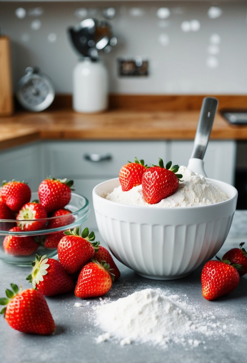 A kitchen counter with fresh strawberries, flour, sugar, and a mixing bowl for making strawberry shortcake from scratch