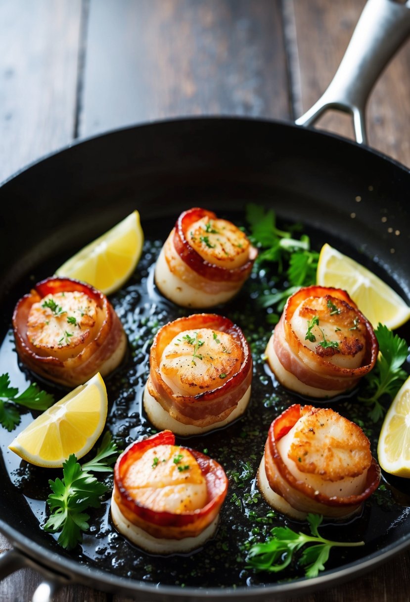 A sizzling skillet holds crispy bacon-wrapped scallops, garnished with fresh herbs and lemon wedges