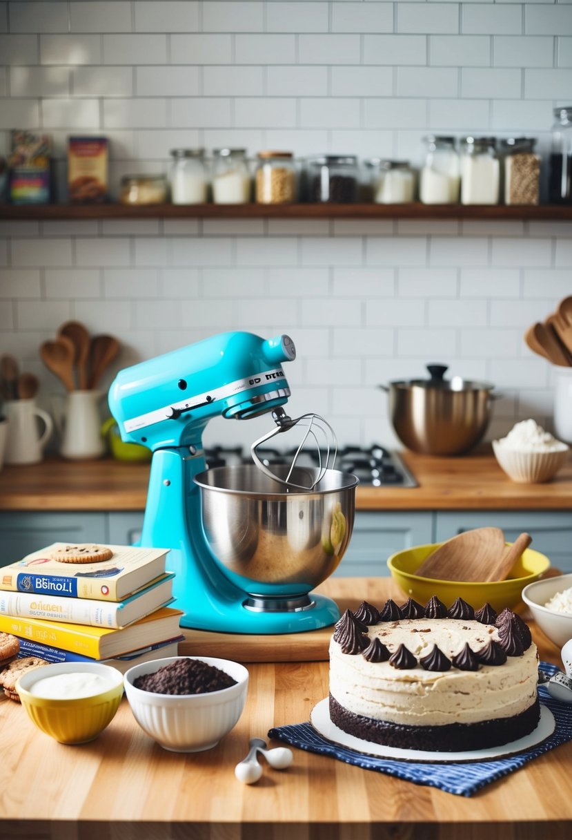 A kitchen counter with ingredients, mixing bowls, and a stand mixer, surrounded by recipe books and a freshly baked cookies and cream cake