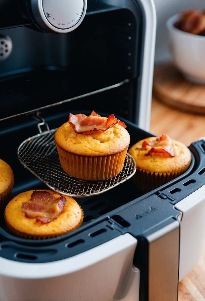 A sizzling air-fryer cooks bacon-peanut butter cornbread muffins in a modern kitchen