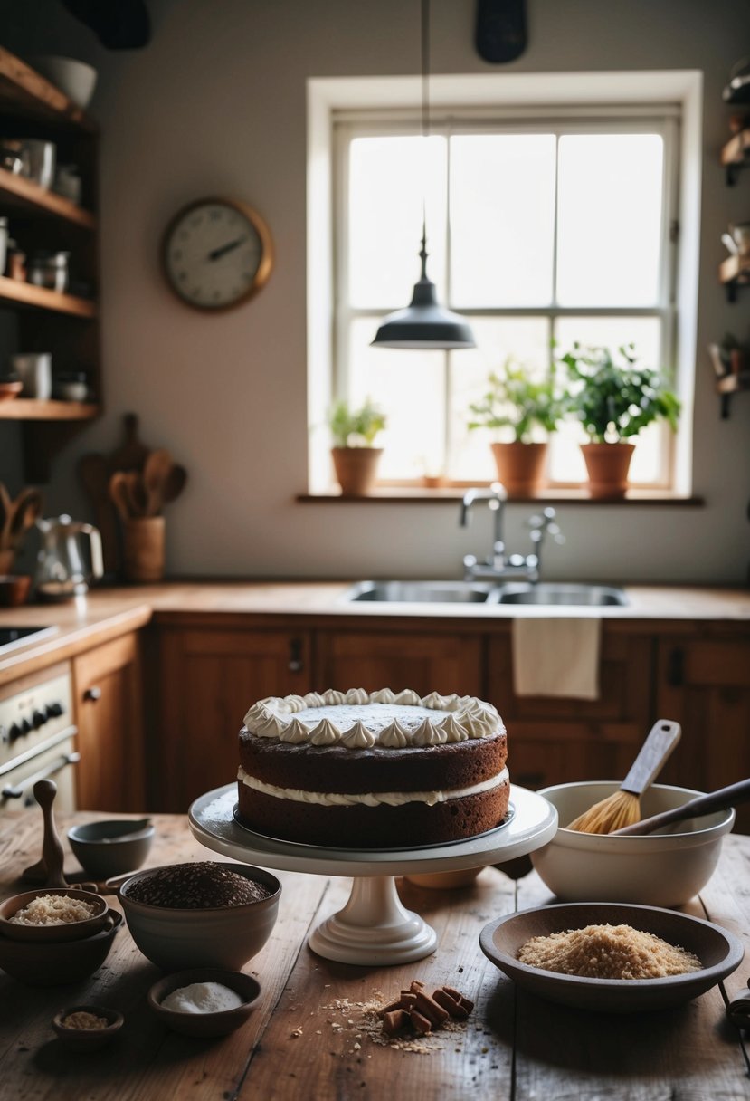 A rustic kitchen with vintage baking tools and ingredients for traditional rum cake