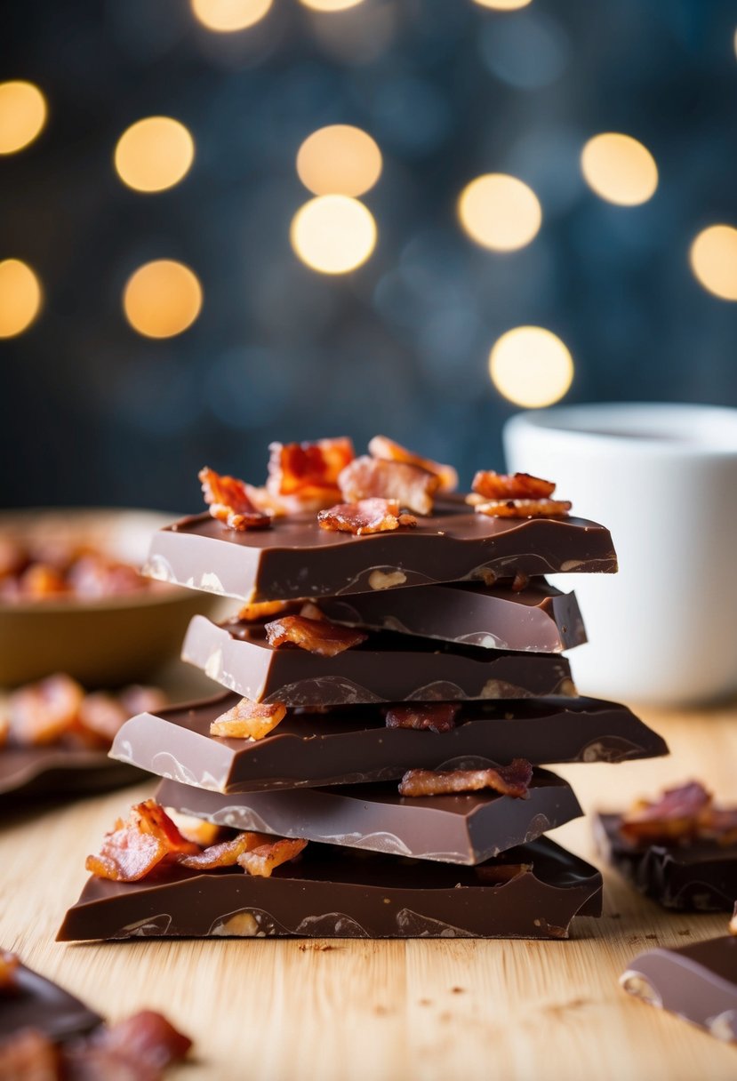 A slab of chocolate bark topped with crispy bacon pieces