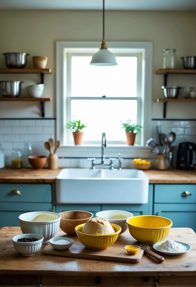 A vintage kitchen with a wooden table, mixing bowls, and ingredients laid out to make a classic pound cake from scratch