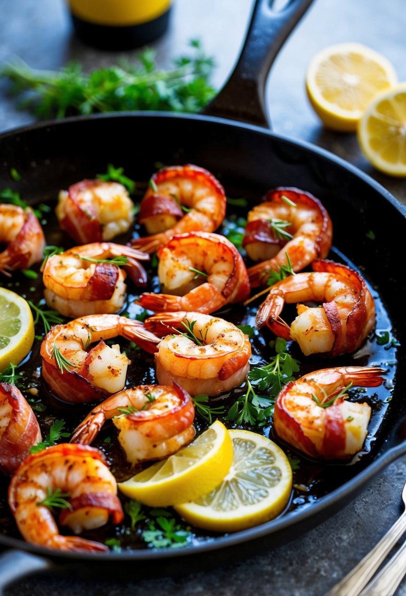 A sizzling skillet of bacon-wrapped shrimps, garnished with fresh herbs and lemon slices, ready to be served