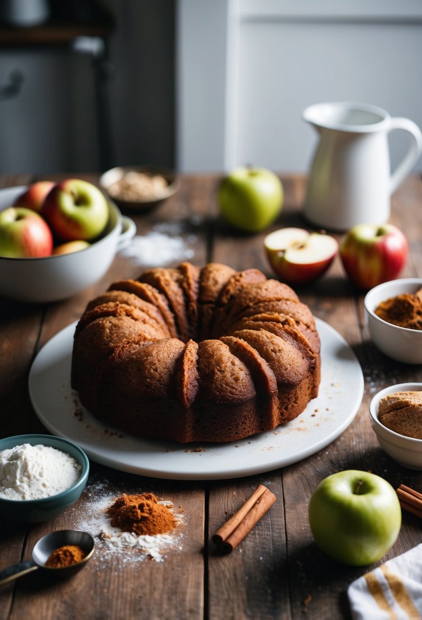 A rustic kitchen table with a freshly baked spiced apple cake, surrounded by ingredients like apples, cinnamon, and flour