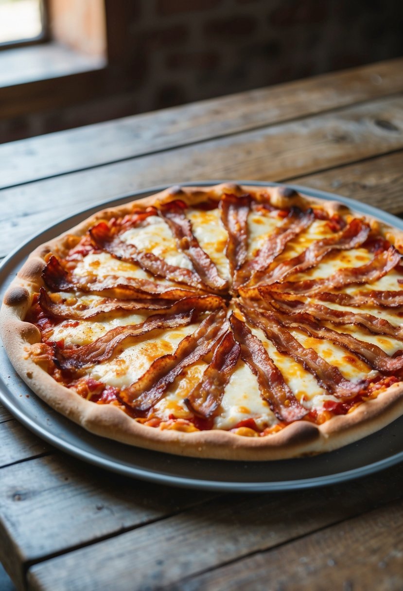 A sizzling bacon pizza, topped with crispy bacon strips and oozing with melted cheese, sits on a rustic wooden table