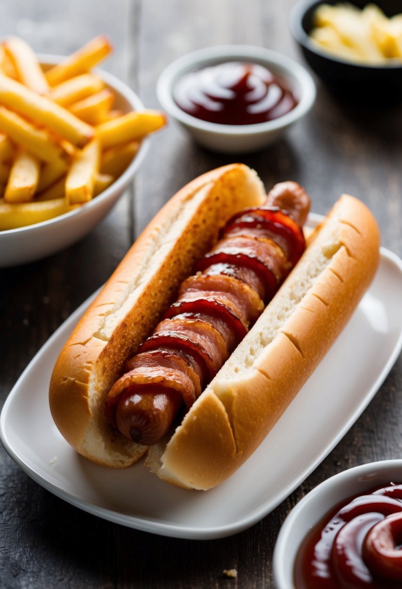 A sizzling bacon-wrapped hot dog on a toasted bun with a side of crispy fries and a dollop of ketchup