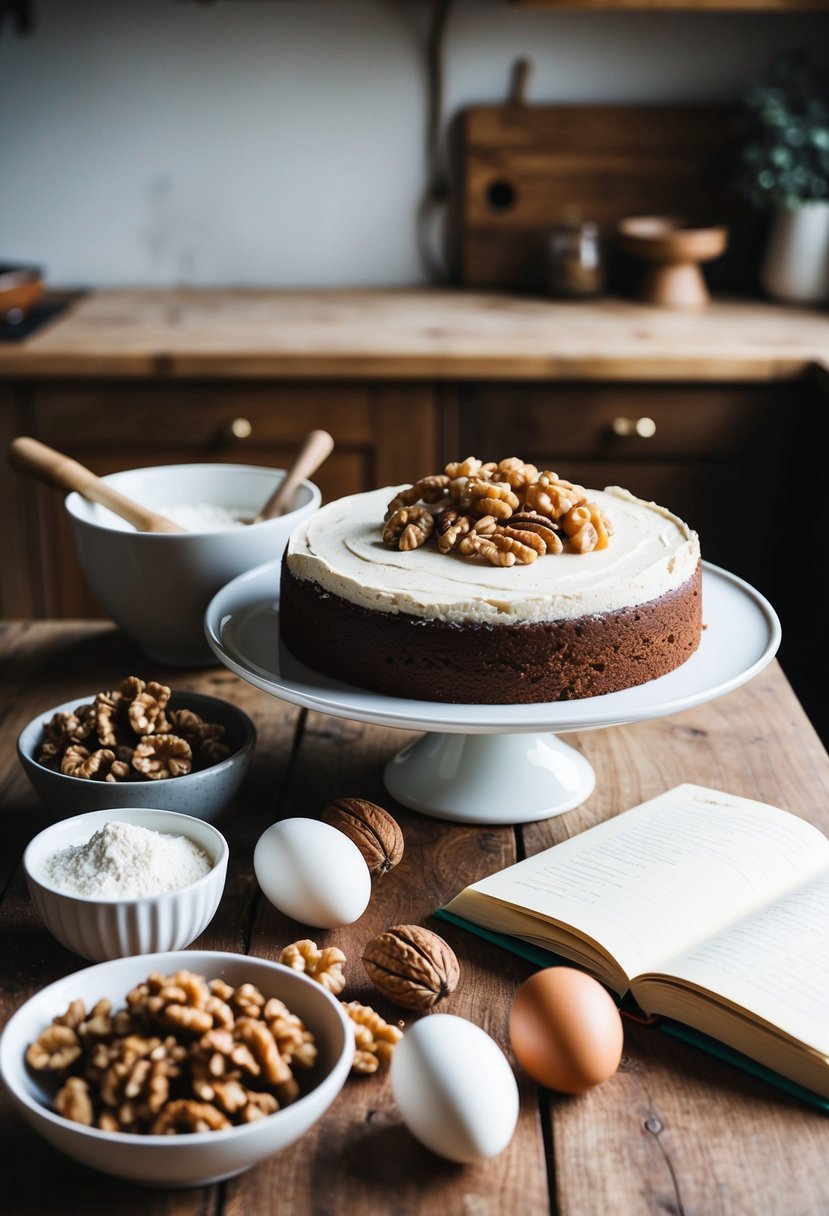 A rustic kitchen with ingredients for a walnut layer cake laid out on a wooden table, including a bowl of walnuts, flour, eggs, and a recipe book