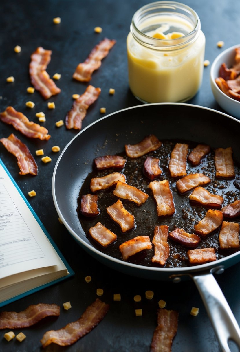 A sizzling pan of bacon cooks next to a jar of creamy butter, surrounded by scattered bacon strips and a recipe book