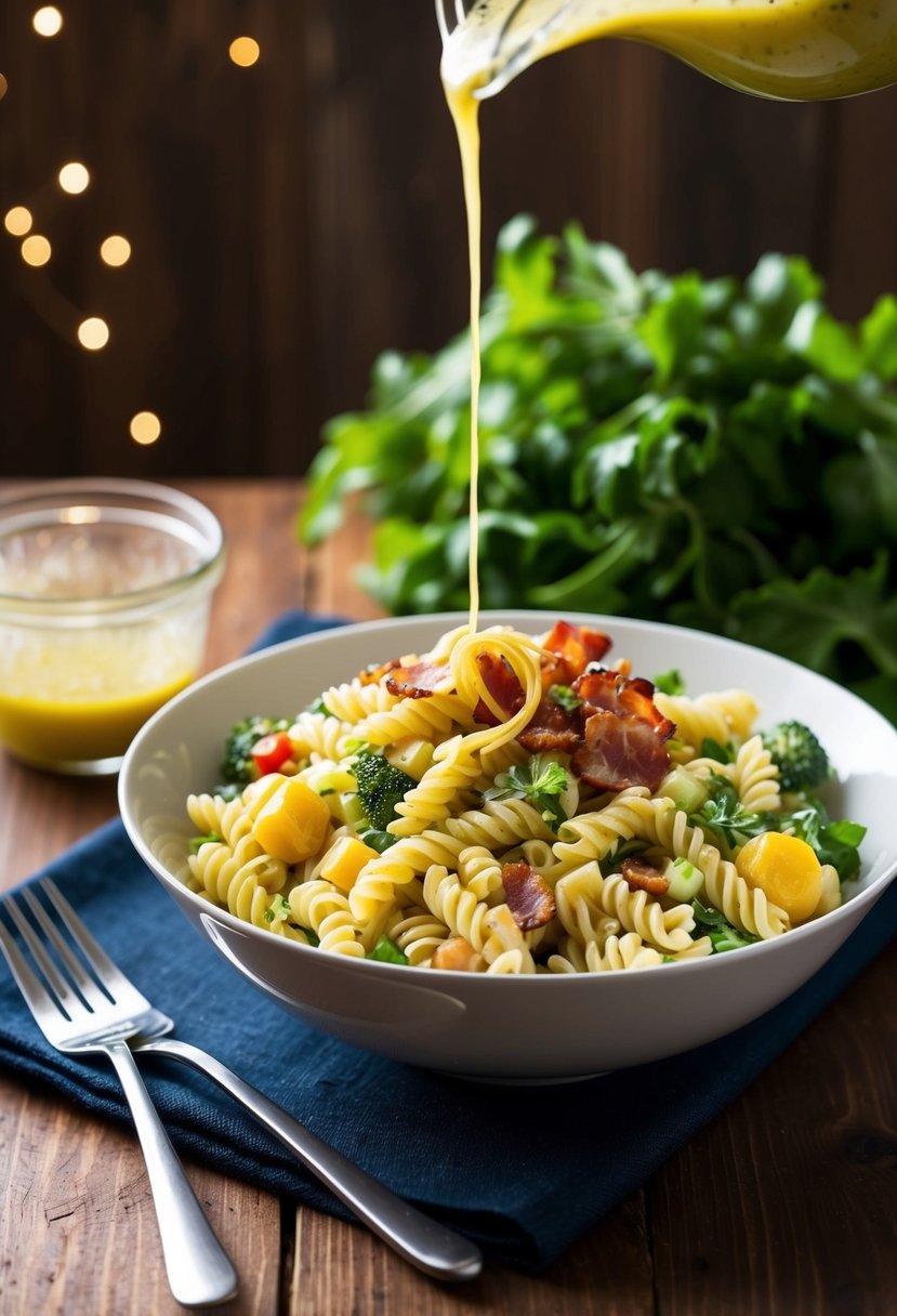 A bowl of pasta salad with crispy bacon, fresh vegetables, and a drizzle of vinaigrette on a wooden table