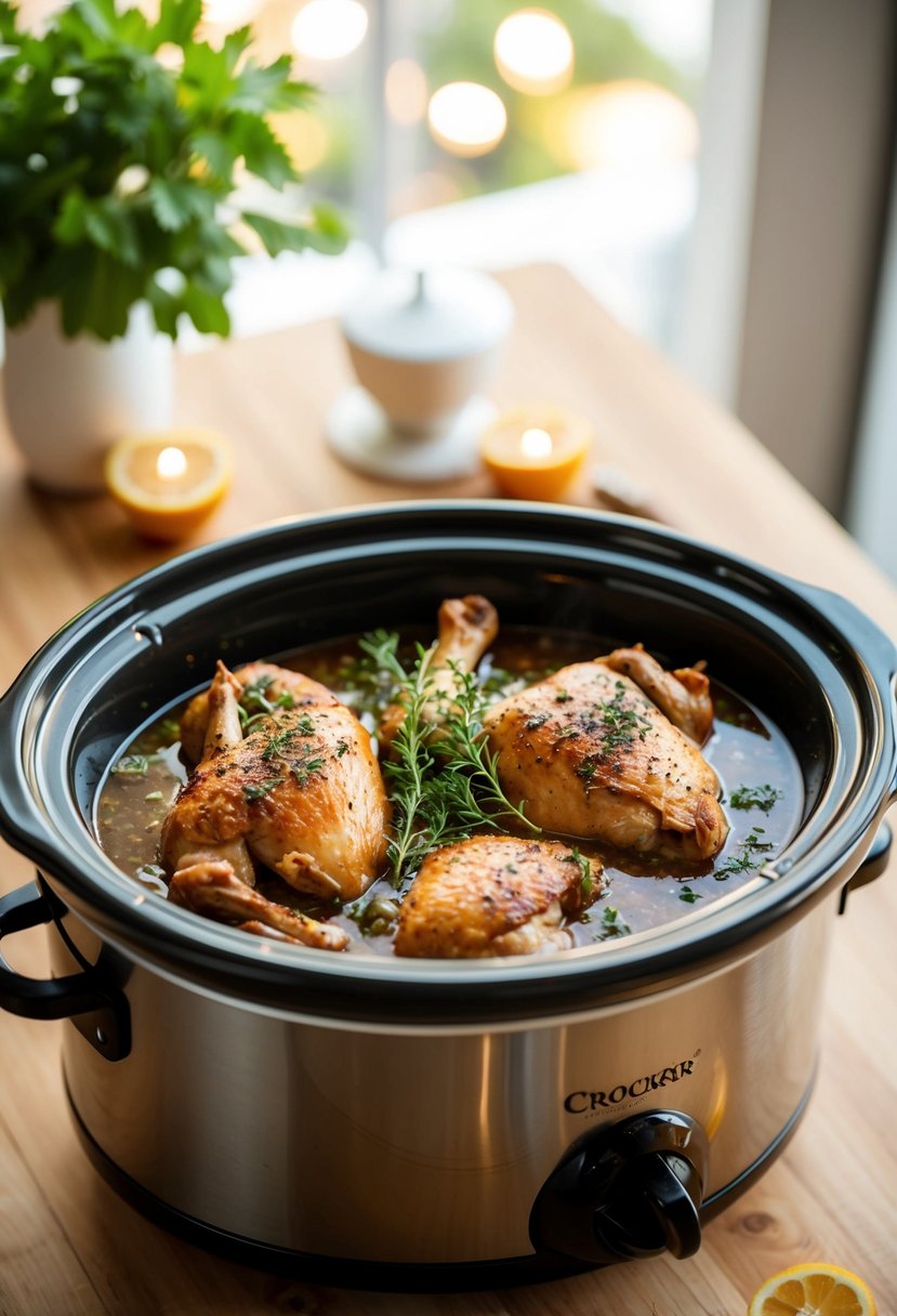 A crockpot simmering with savory chicken and aromatic herbs