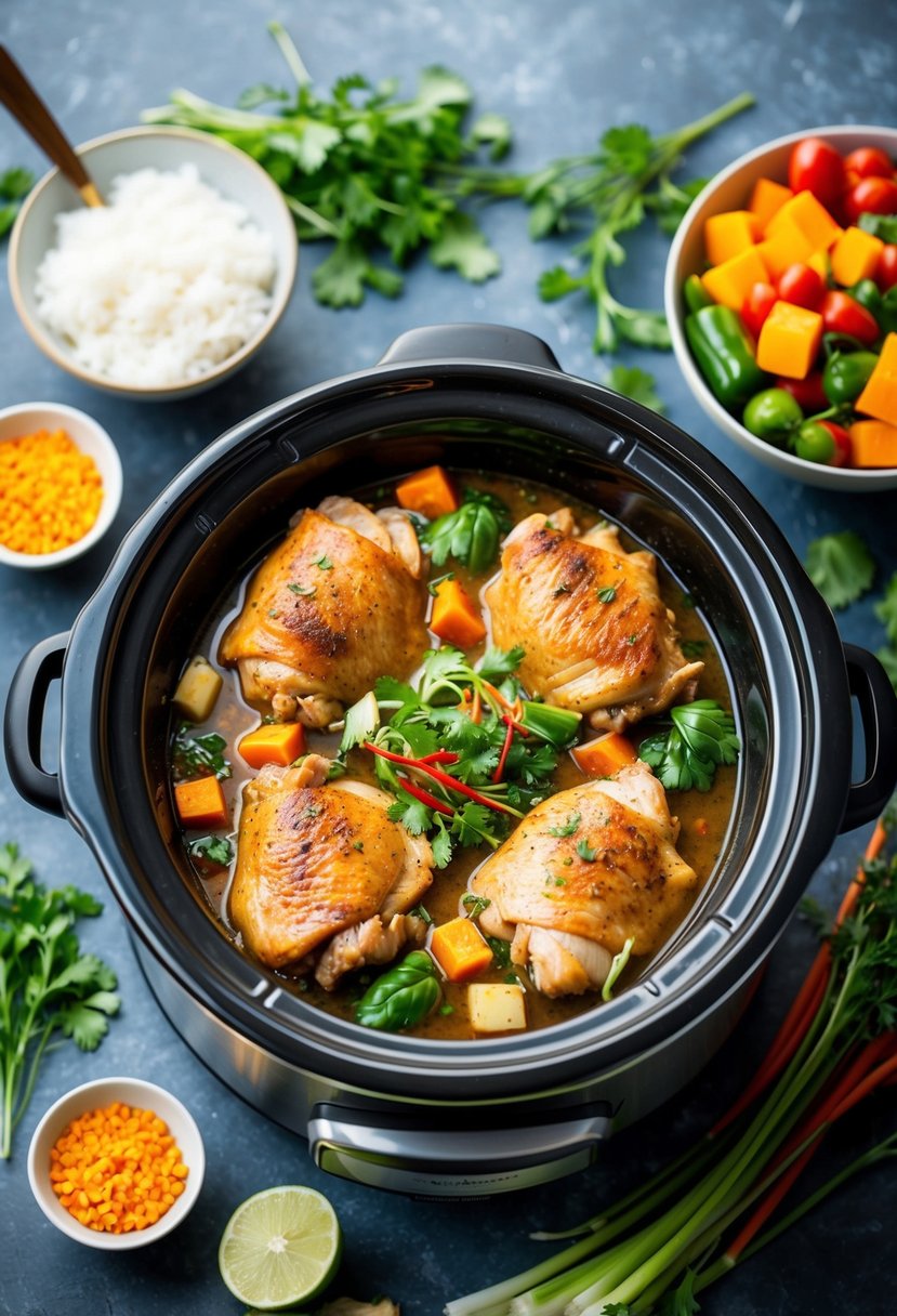 A crockpot filled with Thai chicken thighs surrounded by colorful vegetables and aromatic herbs