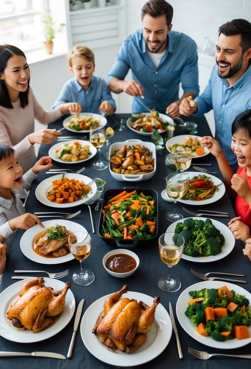 A table set with a variety of dishes, from roasted chicken to vegetable stir-fry, surrounded by a family eagerly waiting to dig in