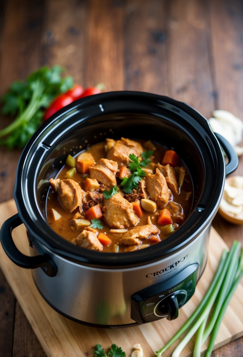 A crockpot filled with peanut butter chicken simmering with vegetables and spices