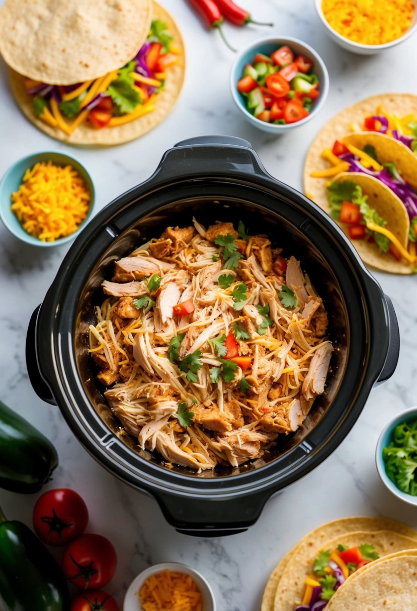 A crockpot filled with shredded chicken, surrounded by colorful taco toppings and tortillas