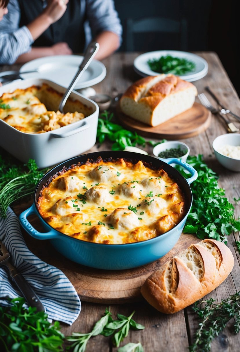 A bubbling Chicken Alfredo Bake sits on a rustic wooden table surrounded by fresh herbs, a loaf of bread, and a family gathered around