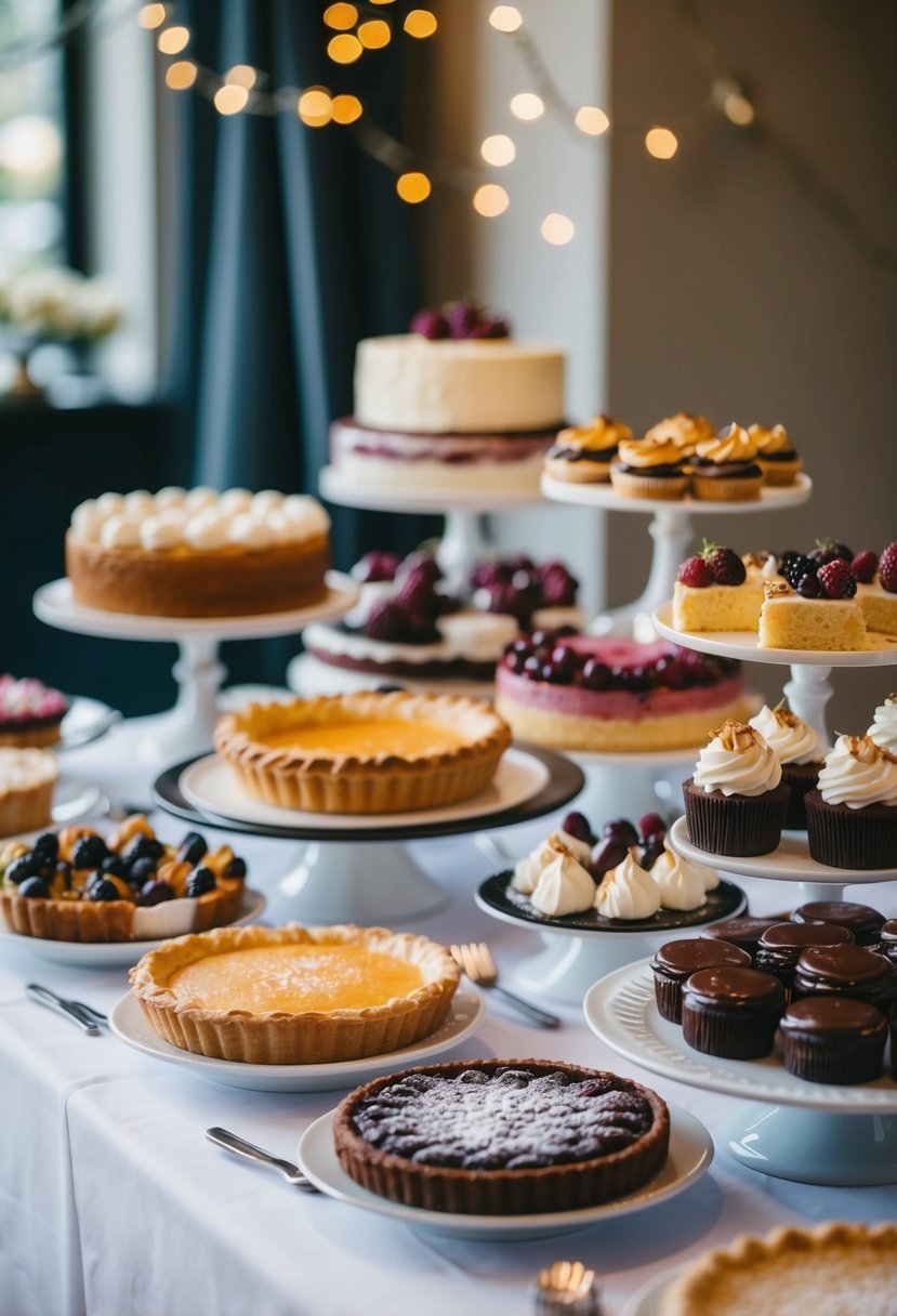 A table filled with an assortment of desserts, including cakes, pies, and pastries, arranged on elegant serving platters