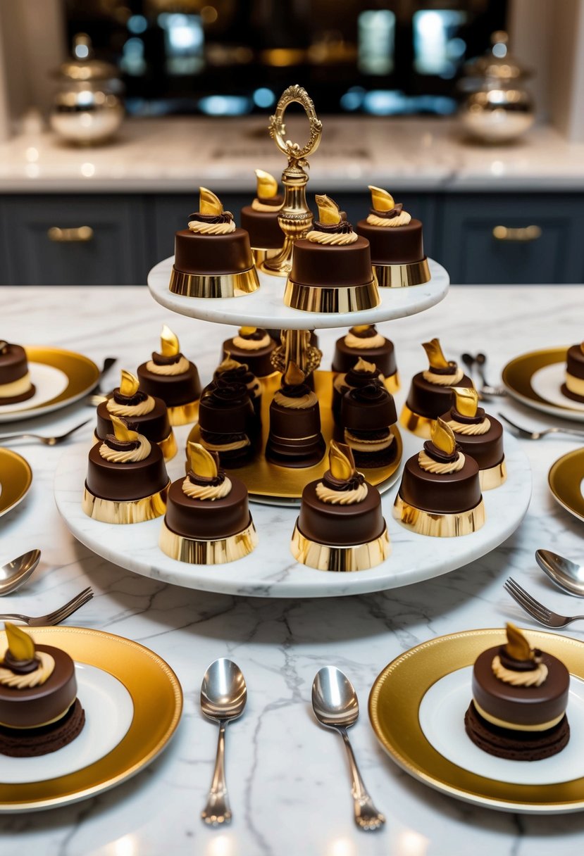 A luxurious display of chocolate billionaire desserts arranged on a marble countertop, surrounded by gold-trimmed dessert plates and elegant silver utensils