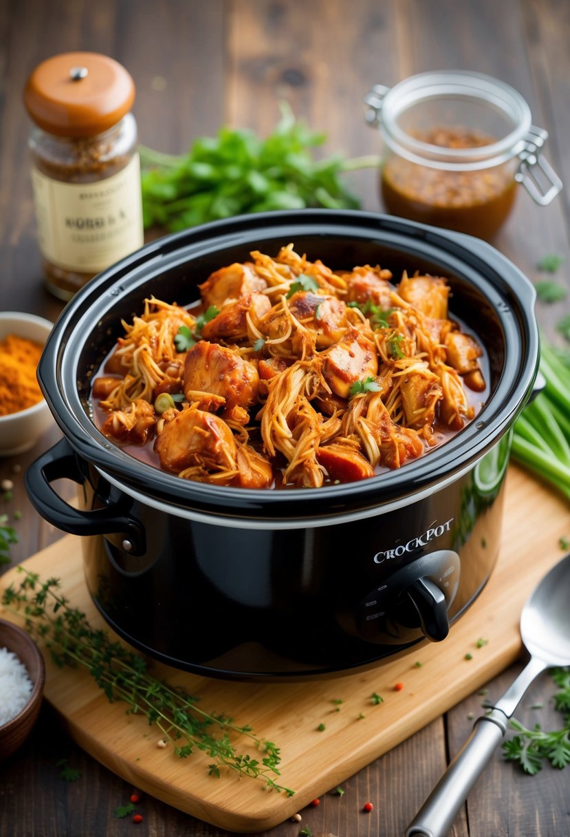 A crockpot filled with succulent BBQ pulled chicken, surrounded by spices and herbs