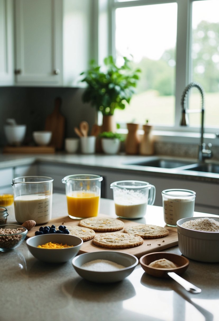 A kitchen counter with assorted ingredients and utensils for making icebox cookies