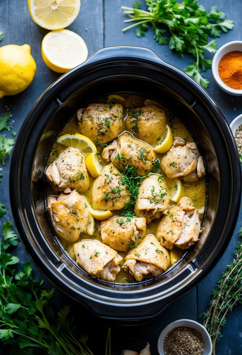 A crockpot filled with lemon garlic chicken surrounded by fresh herbs and spices