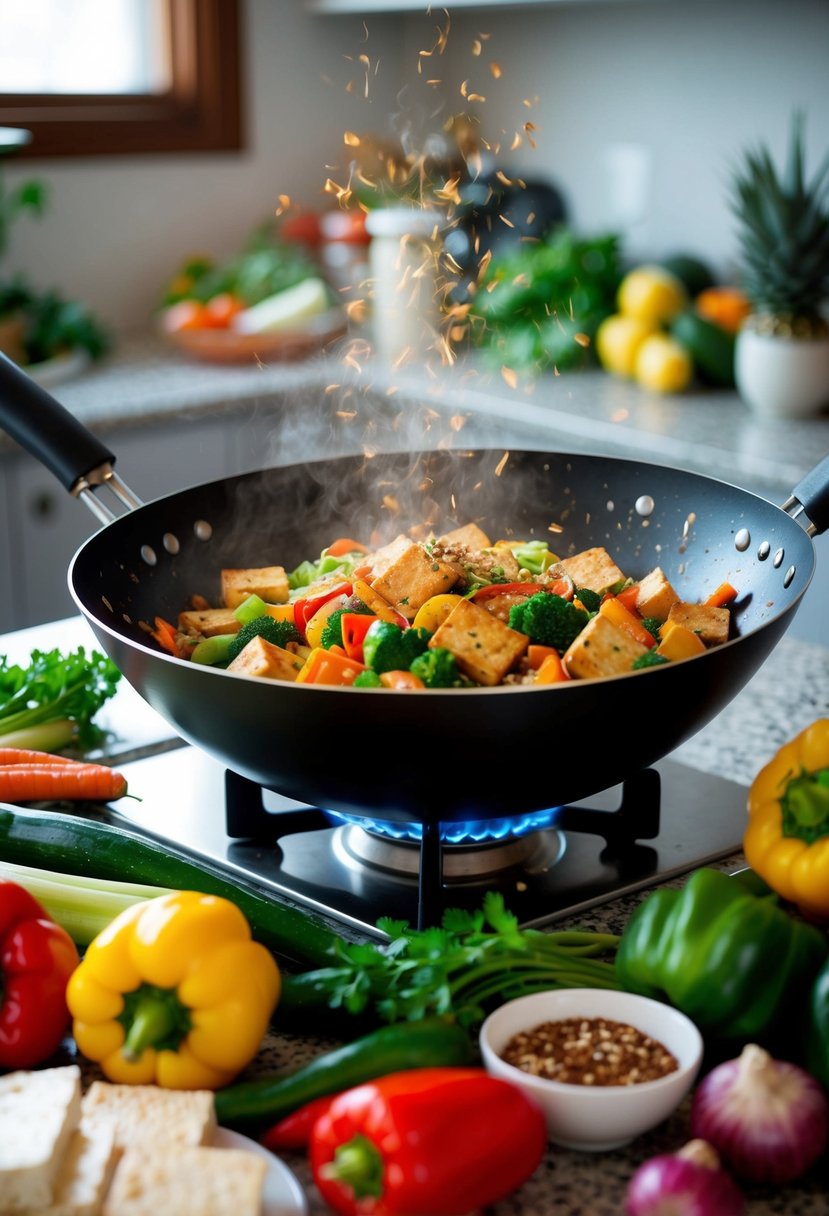 A sizzling wok filled with colorful vegetables and tofu, surrounded by a variety of fresh produce and seasonings on a kitchen counter