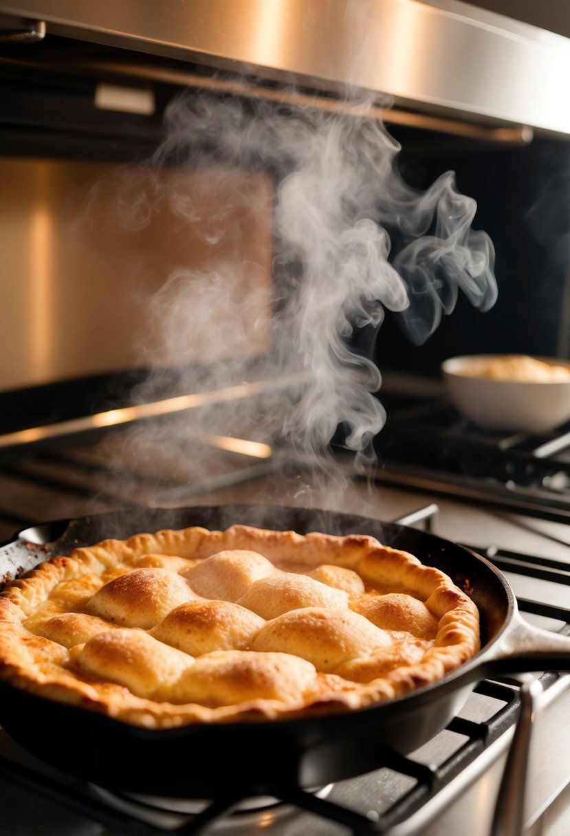 A skillet apple pie bubbling in the oven, with a golden crust and cinnamon-scented steam rising