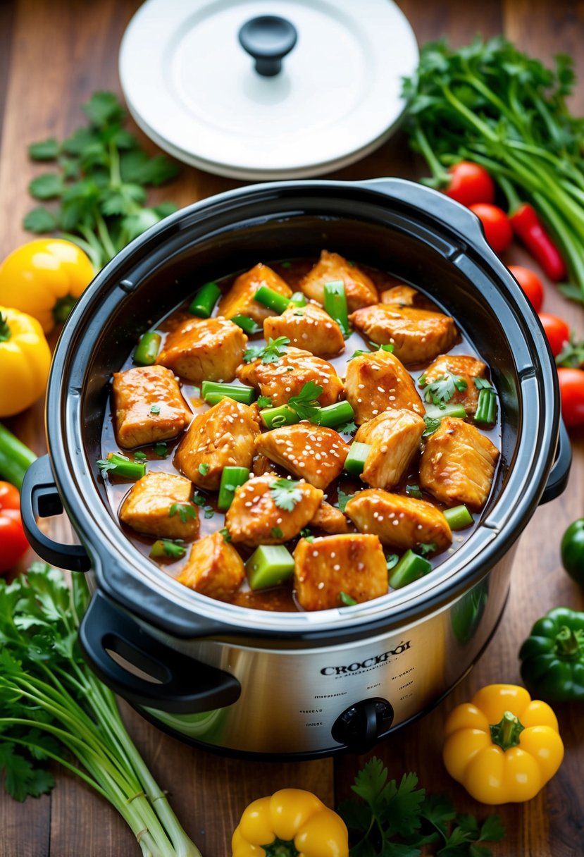 A crockpot filled with Teriyaki Chicken surrounded by fresh vegetables and herbs