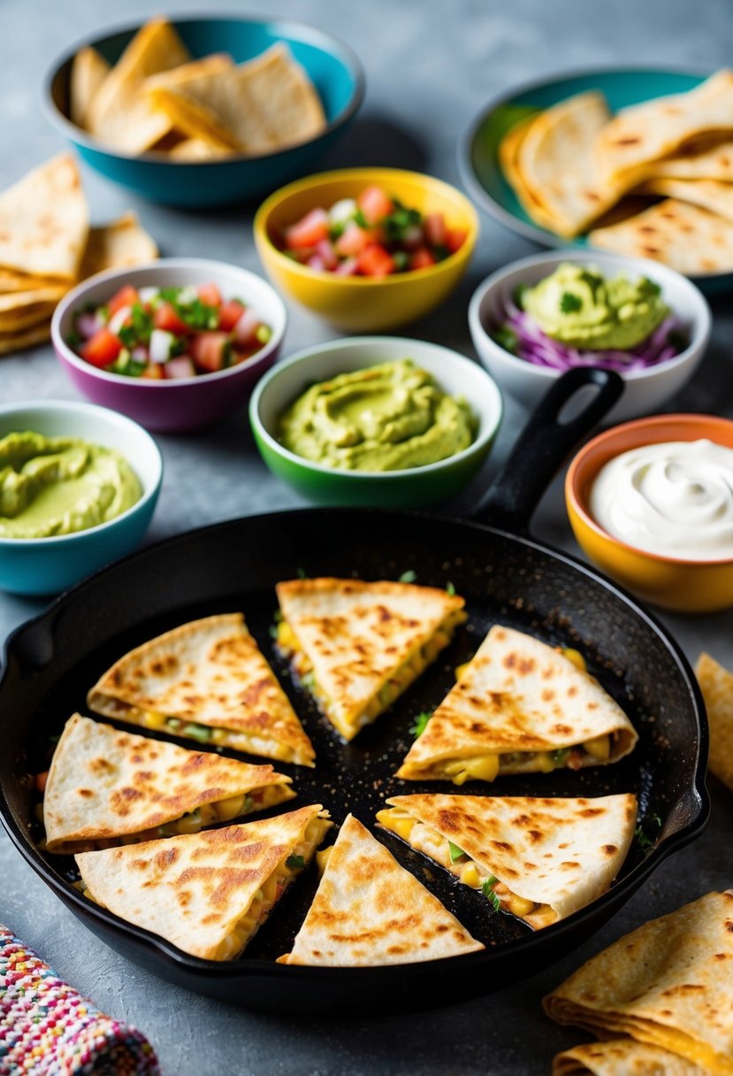 A sizzling skillet of golden-brown chicken quesadillas surrounded by colorful bowls of fresh salsa, guacamole, and sour cream